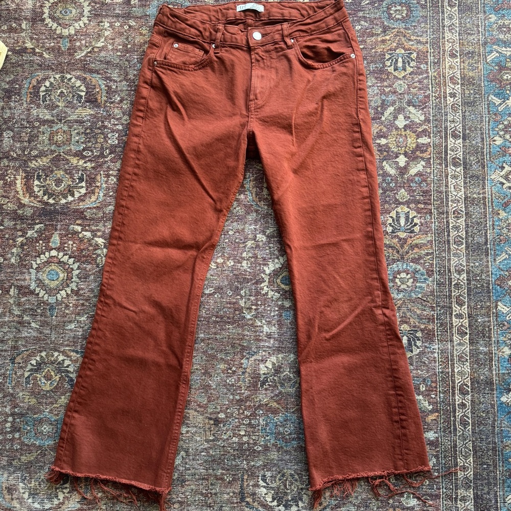 Zara Trf Collection Bootcut Jeans Women's 8 Brown Rust Pockets Frayed Denim Zip